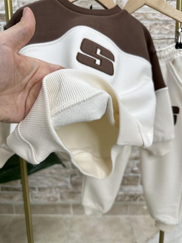 Unisex 3 İplik S Sloganlı Bej Kahve Takım