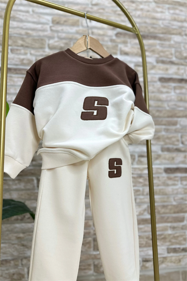 Unisex 3 İplik S Sloganlı Bej Kahve Takım