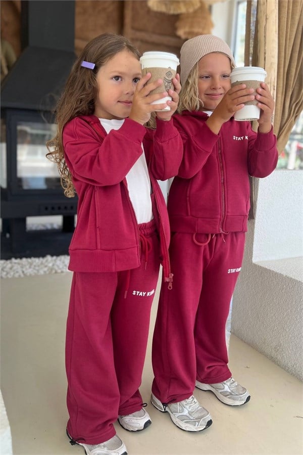 Unisex 3 İplik Stay Kind Kapüşonlu Bordo Takım