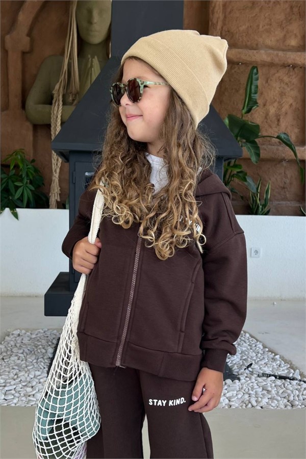 Unisex 3 İplik Stay Kind Kapüşonlu Kahve Takım