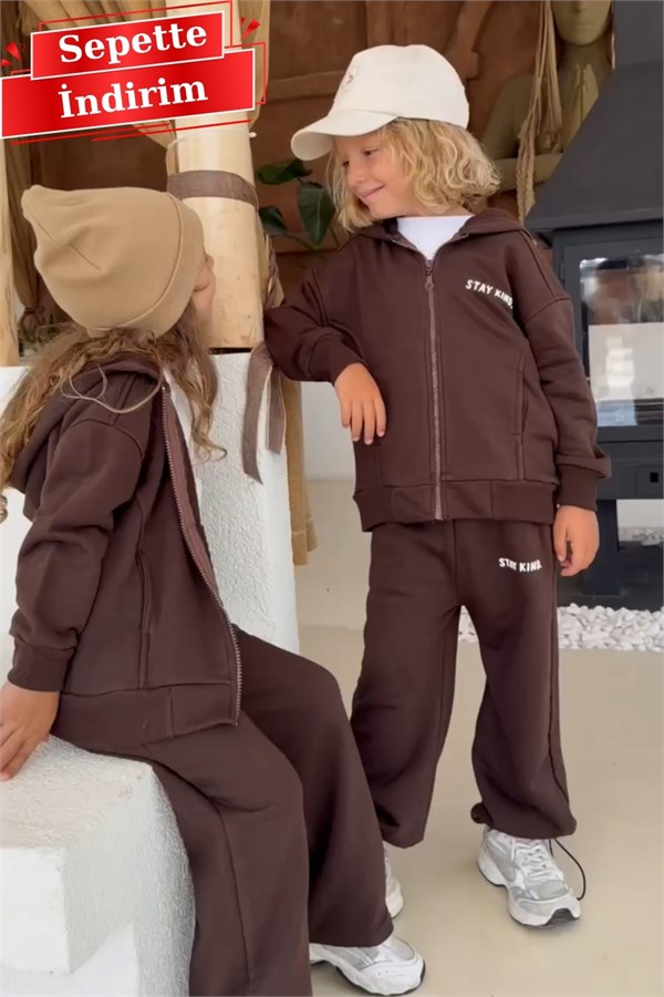 Unisex 3 İplik Stay Kind Kapüşonlu Kahve Takım