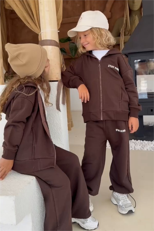 Unisex 3 İplik Stay Kind Kapüşonlu Kahve Takım