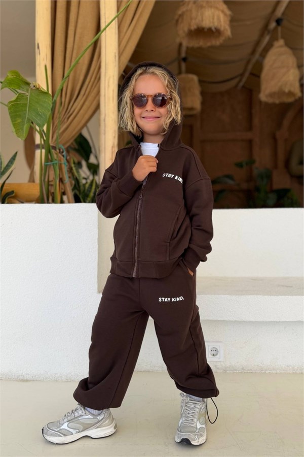 Unisex 3 İplik Stay Kind Kapüşonlu Kahve Takım