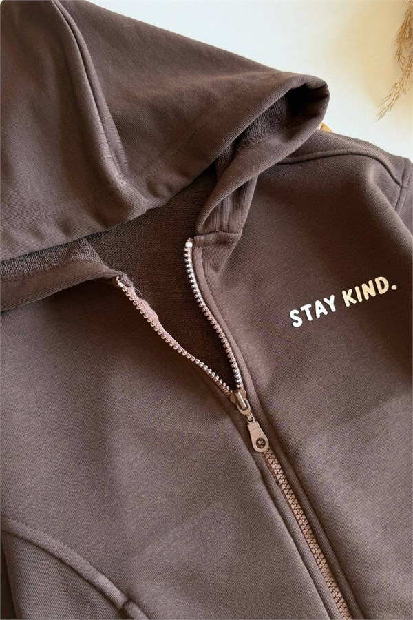 Unisex 3 İplik Stay Kind Kapüşonlu Kahve Takım