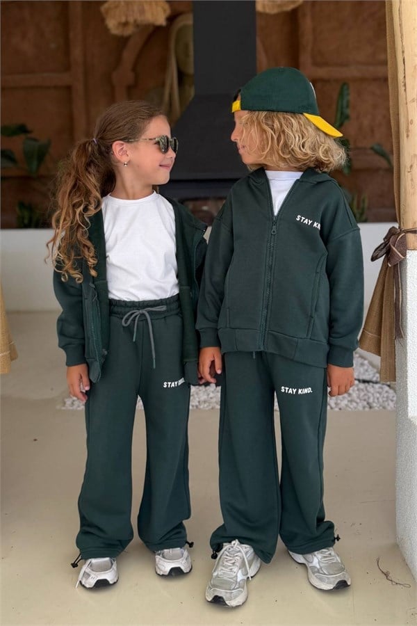 Unisex 3 İplik Stay Kind Kapüşonlu Yeşil Takım