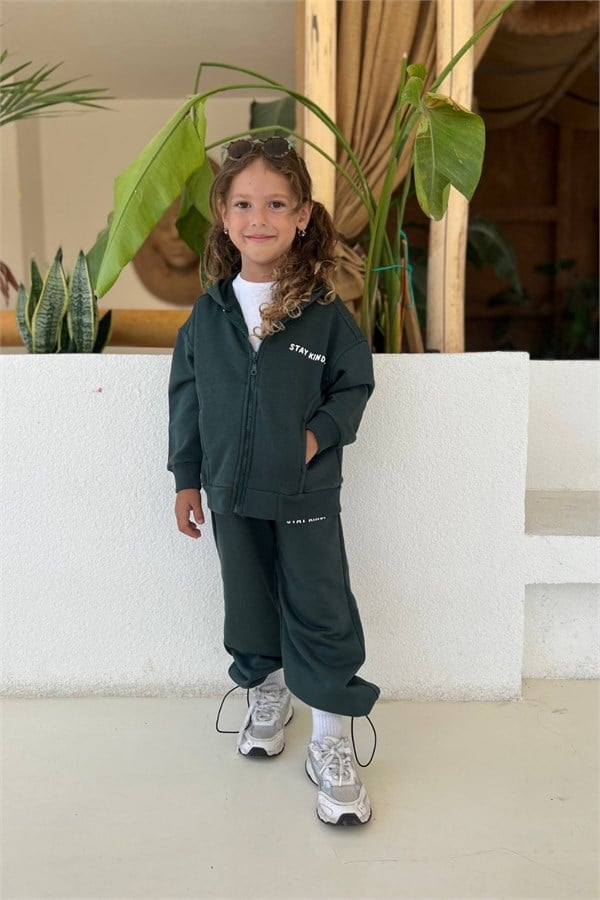 Unisex 3 İplik Stay Kind Kapüşonlu Yeşil Takım