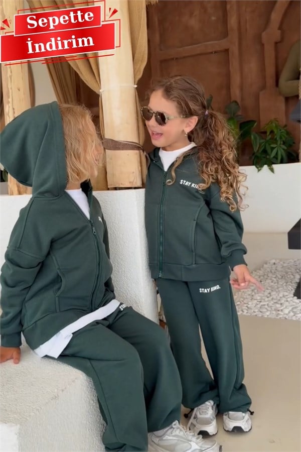 Unisex 3 İplik Stay Kind Kapüşonlu Yeşil Takım
