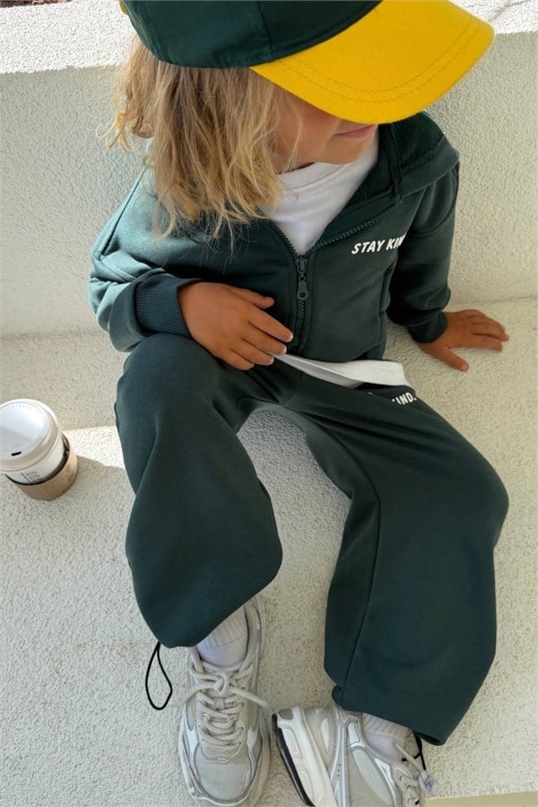 Unisex 3 İplik Stay Kind Kapüşonlu Yeşil Takım