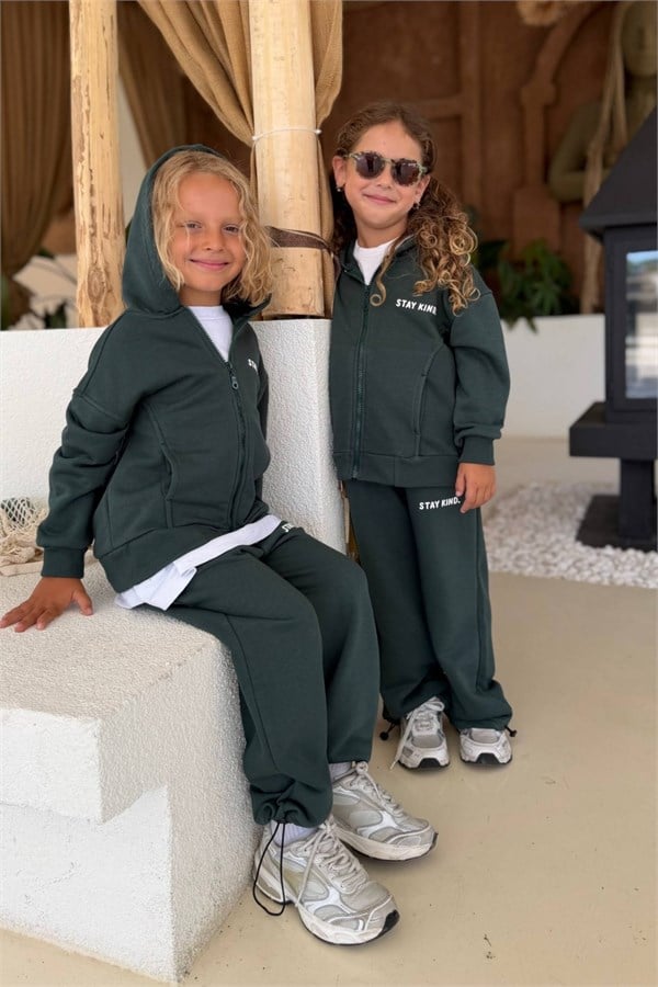 Unisex 3 İplik Stay Kind Kapüşonlu Yeşil Takım