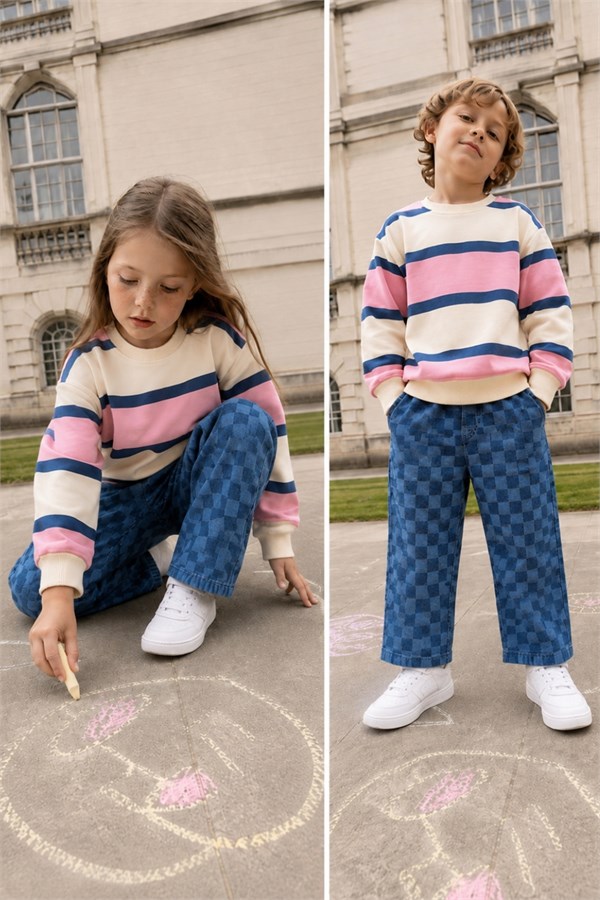 Unisex 3 İplik Sweat & Damalı Jean Pantolon Takım