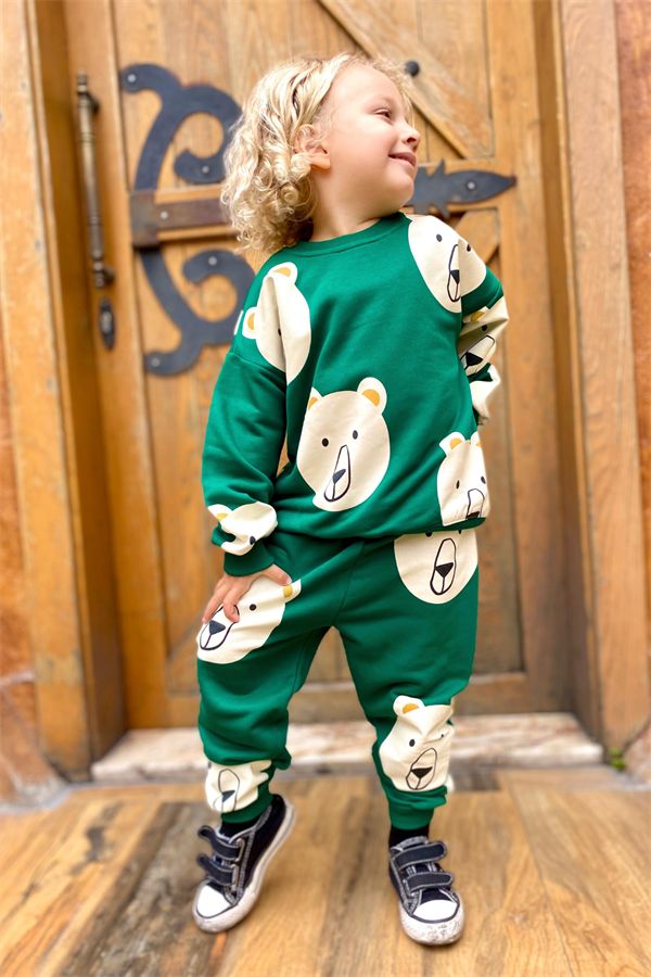 Unisex  3 İplik Yeşil Ayıcıklı Takım