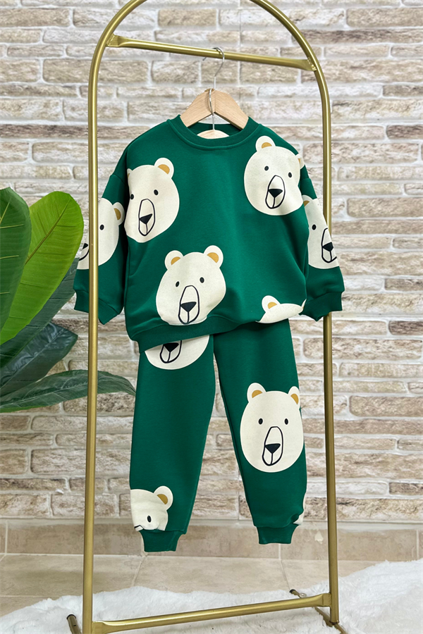 Unisex  3 İplik Yeşil Ayıcıklı Takım