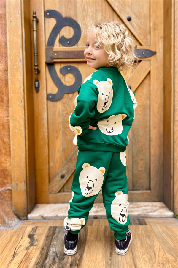 Unisex  3 İplik Yeşil Ayıcıklı Takım