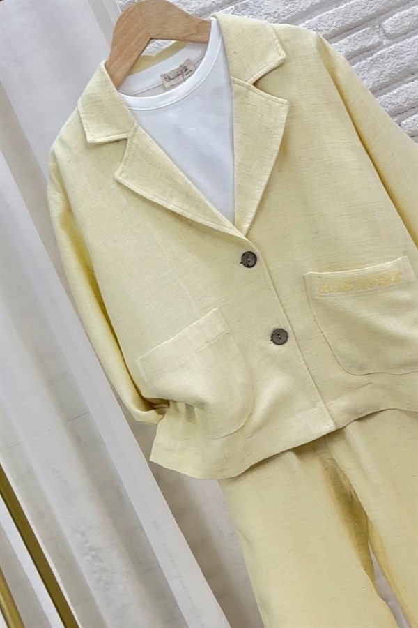 Unisex 3lü Keten Tshirt Dahil Blazer Sarı Takım