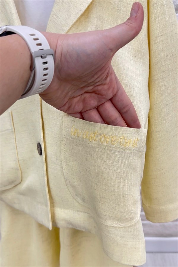 Unisex 3lü Keten Tshirt Dahil Blazer Sarı Takım