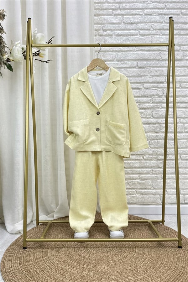 Unisex 3lü Keten Tshirt Dahil Blazer Sarı Takım