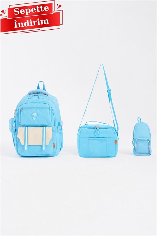 Unisex 3lü Set Turkuaz Çocuk Sırt Çantası - Ilkokul, Ortaokul, Lise Uyumlu