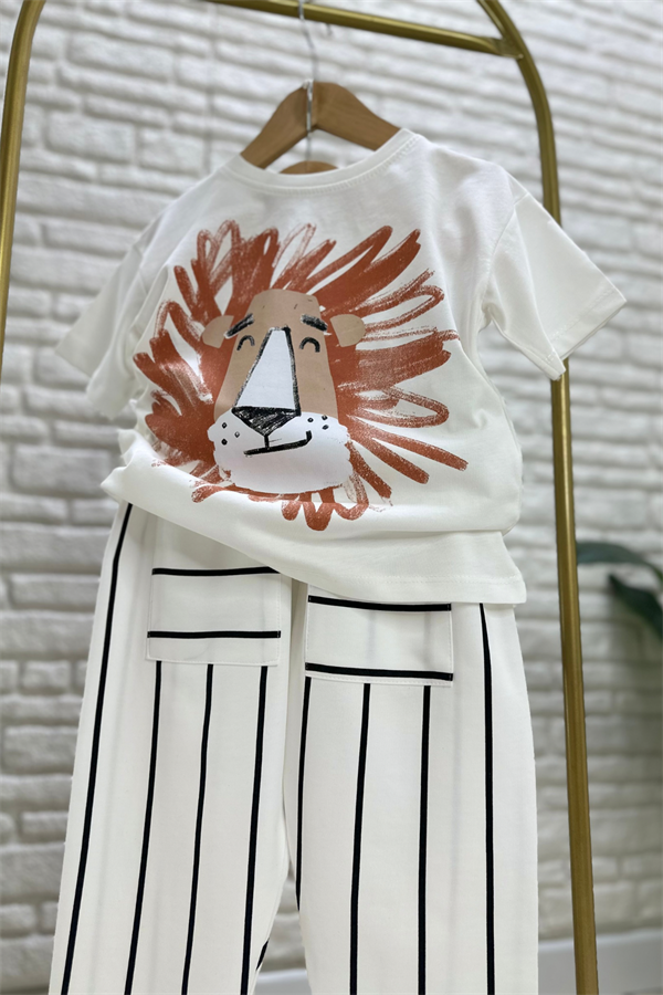 Unisex  Aslanlı Çizgili Cepli İkili Takım