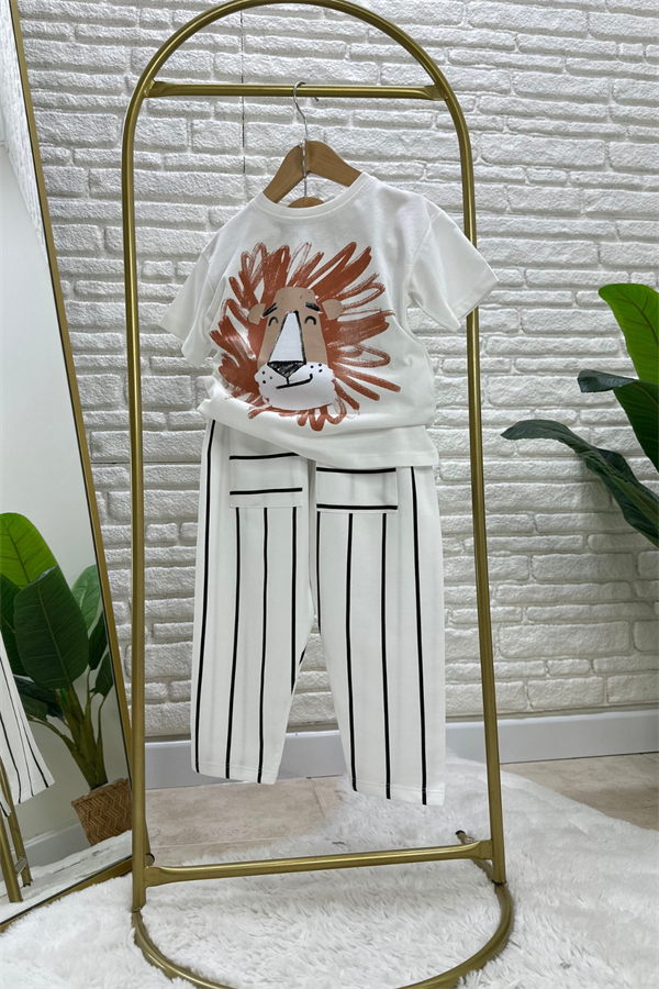 Unisex  Aslanlı Çizgili Cepli İkili Takım