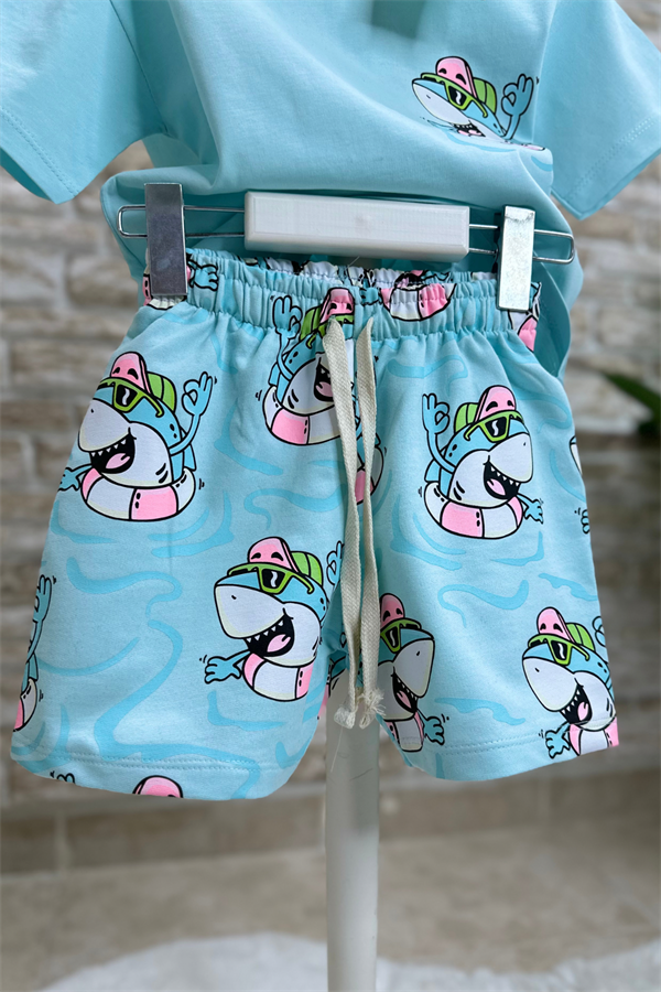 Unisex Balıklı Mavi Şortlu Takım