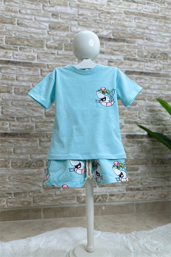 Unisex Balıklı Mavi Şortlu Takım