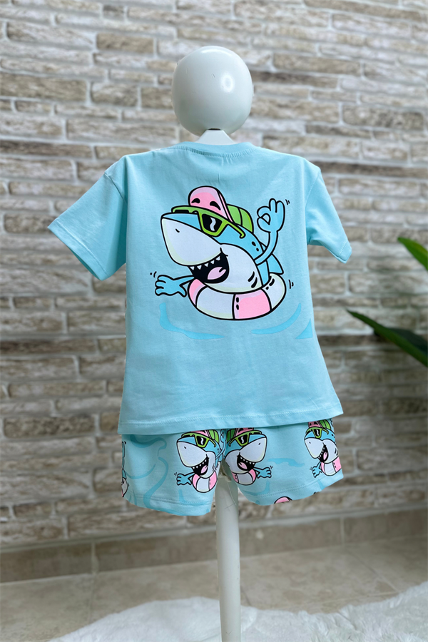 Unisex Balıklı Mavi Şortlu Takım