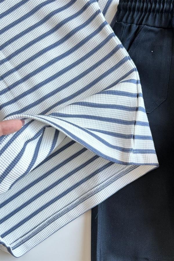 Unisex Basic Çizgili Lacivert Canvas Pantolon Takım
