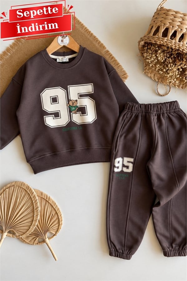 Unisex Bear Baskılı Kahve Takım