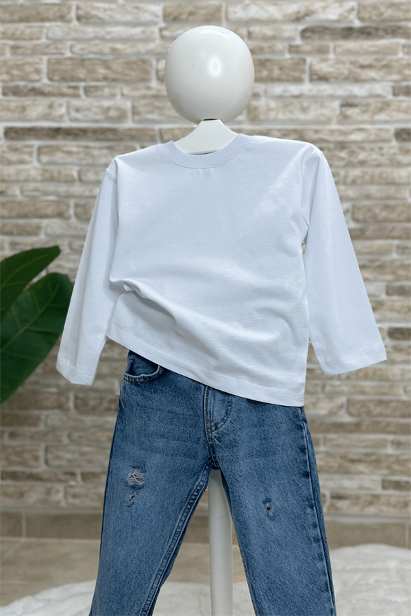 Unisex Beyaz Basic Uzun Kol Tshirt