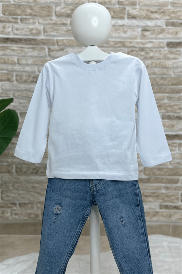 Unisex Beyaz Basic Uzun Kol Tshirt