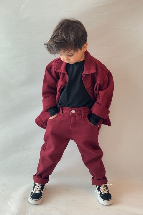 Unisex Bordo Denim Takım