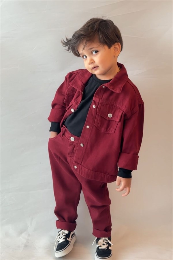 Unisex Bordo Denim Takım