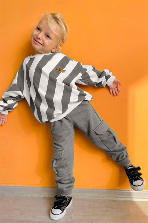 Unisex Çocuk 3 İplik Gri Duman Kargo Cepli Takım