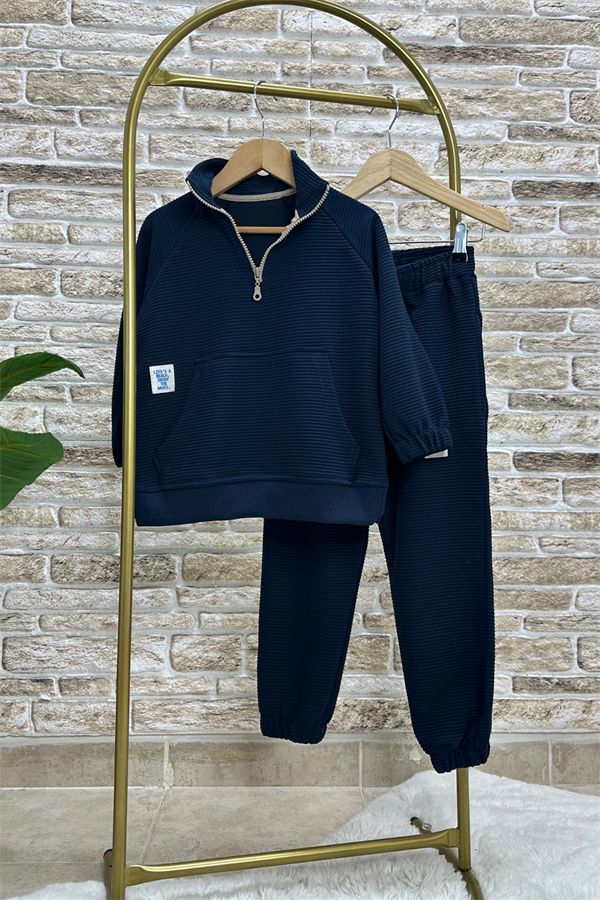 Unisex Çocuk 3 İplik Lacivert Fitilli Yarım Fermuarlı İkili Takım