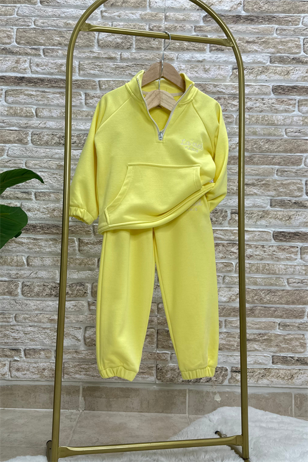 Unisex Çocuk 3 İplik Sarı Yarım Fermuarlı İkili Takım