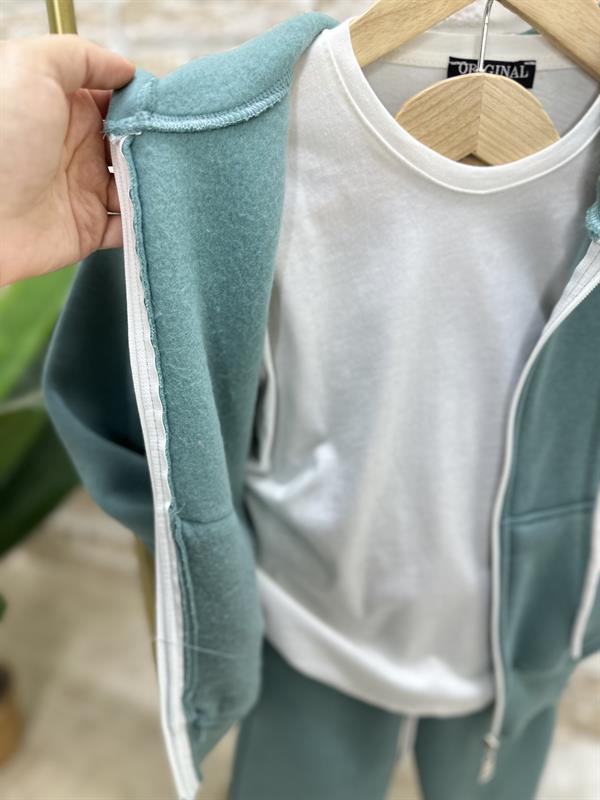 Unisex Çocuk 3 Parça Fermuarlı Şardonlu Petrol Takım