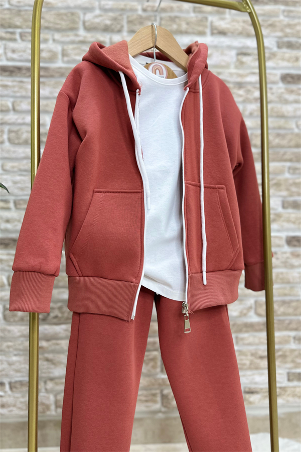 Unisex Çocuk 3 Parça Fermuarlı Şardonlu Kiremit Takım