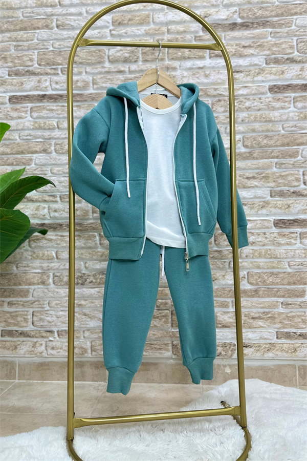 Unisex Çocuk 3 Parça Fermuarlı Şardonlu Petrol Takım