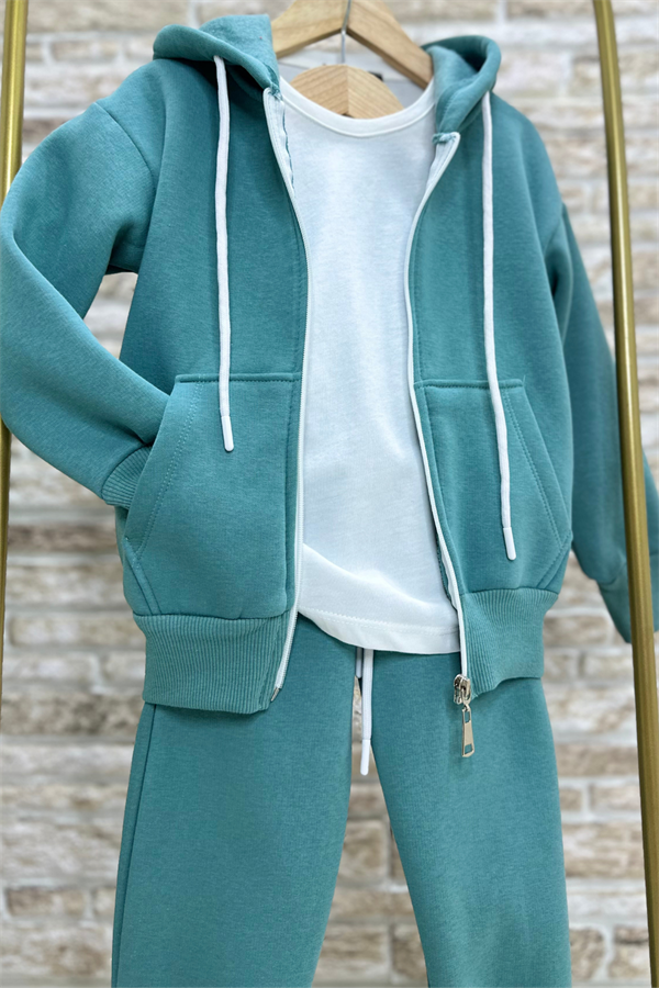 Unisex Çocuk 3 Parça Fermuarlı Şardonlu Petrol Takım