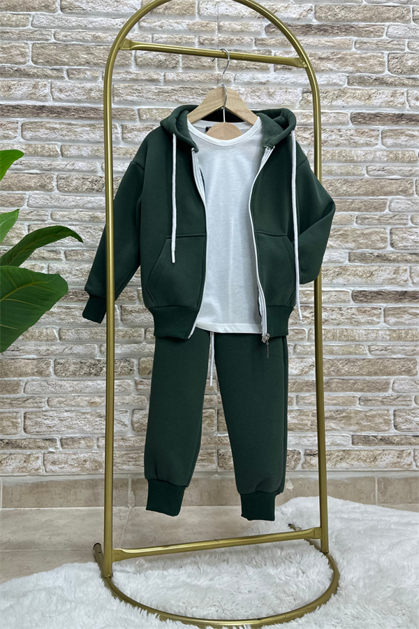 Unisex Çocuk 3 Parça Fermuarlı Şardonlu Yeşil Takım