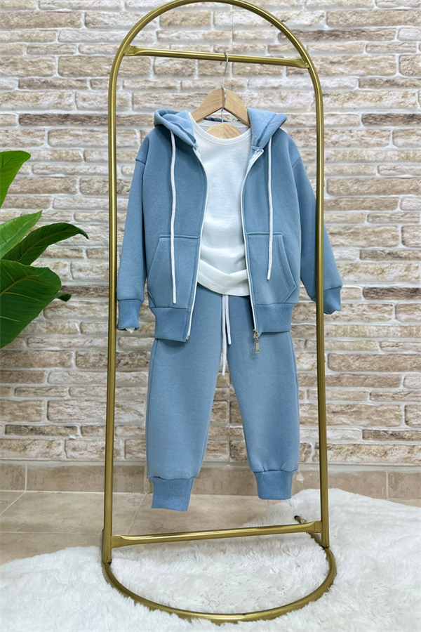 Unisex Çocuk 3 Parça Fermuarlı Şardonlu Mavi Takım