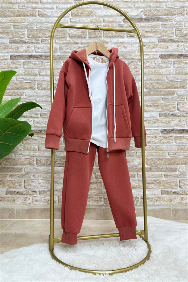 Unisex Çocuk 3 Parça Fermuarlı Şardonlu Kiremit Takım