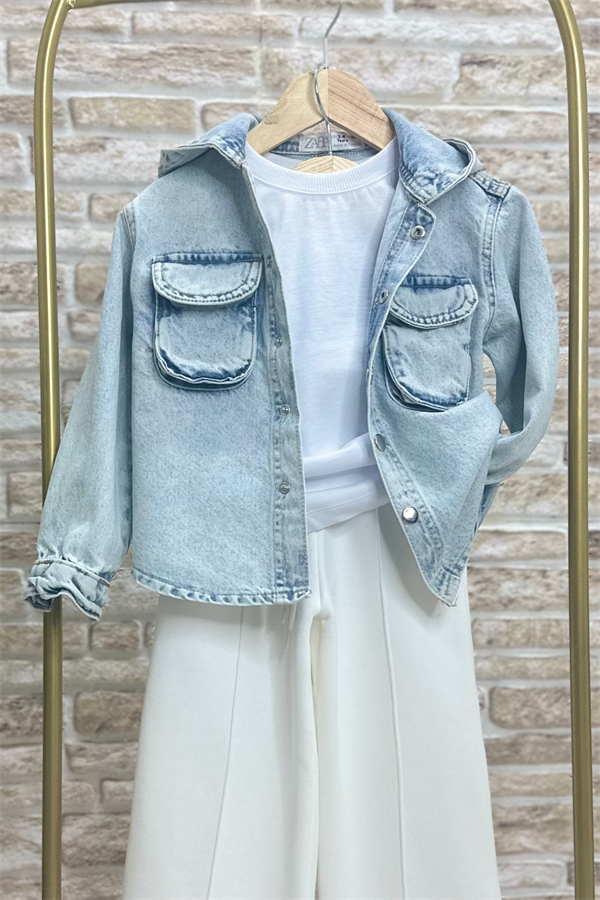 Unisex Çocuk Denim Kapüşonlu Kot Ceket