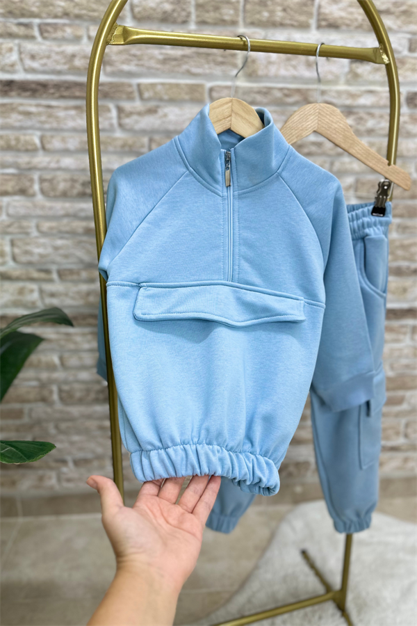 Unisex Çocuk Fermuarlı Lastikli Mavi 3 İplik Takım