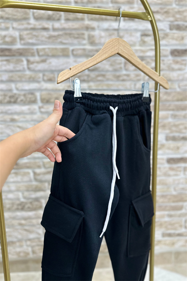 Unisex Çocuk Fermuarlı Lastikli Siyah 3 İplik Takım