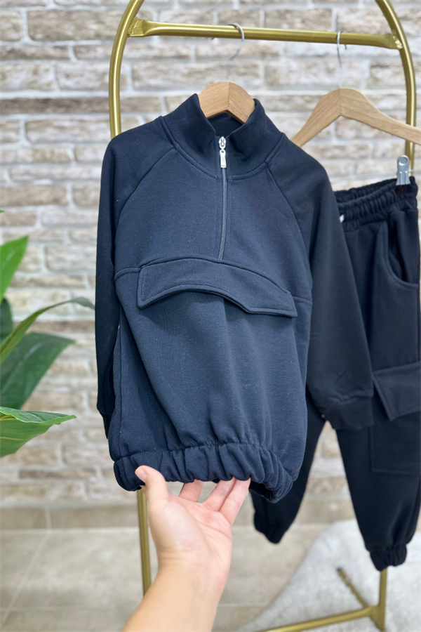 Unisex Çocuk Fermuarlı Lastikli Siyah 3 İplik Takım