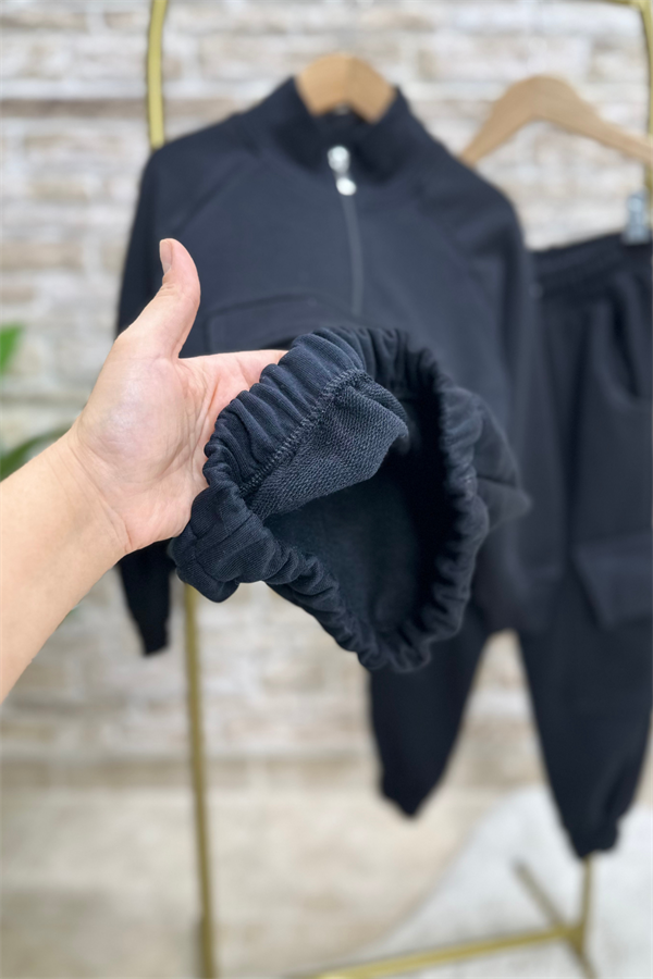 Unisex Çocuk Fermuarlı Lastikli Siyah 3 İplik Takım