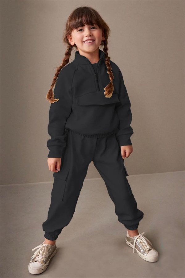 Unisex Çocuk Fermuarlı Lastikli Siyah 3 İplik Takım