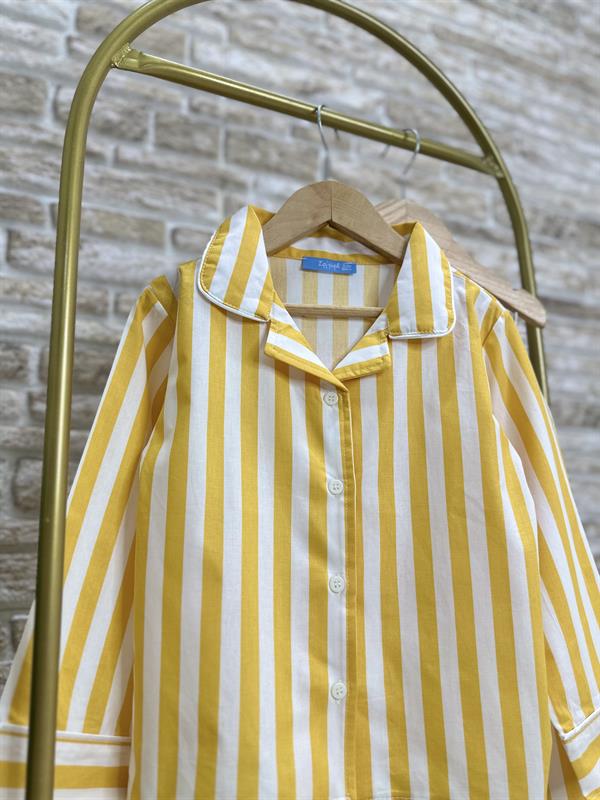 Unisex Çocuk Sarı Çizgili Çantalı Pijama Takım