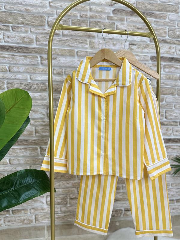 Unisex Çocuk Sarı Çizgili Çantalı Pijama Takım